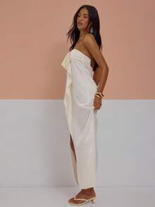 MUSERA Draped Frill Front Ruched Bust Satin Bandeau Maxi Dress Sexy Cute Spring Summer Holiday Vacation Going Out Girly Cool Girl Late Checkout - Beige - View 2