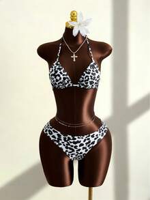 Zestiva Nuevo conjunto de bikini de 3 piezas con estampado de leopardo sexy, traje de baño informal con espalda anudada para vacaciones en la playa - Multicolor - Ver 5