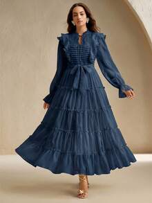 Anewsta Elaire Vestido elegante con volantes de encaje floral en el bajo, adecuado para otoño, invierno, primavera, Año Nuevo, fiesta, boda, elegante, con estilo, formal, trabajo, Acción de Gracias, graduación, Navidad, festival - Azul Marino - Ver 4