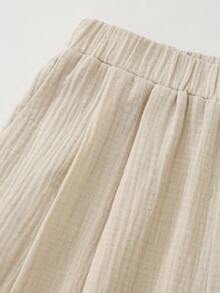 SHEIN LUNE Women's Solid Color Elastic Waist Loose Casual Pants With Slant Pockets - Apricot - View 3