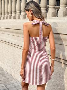 SHEIN PariChic Đầm ôm dáng, cổ yếm, hở lưng, kẻ sọc dọc mới dành cho nữ - Đỏ và trắng - Xem 2