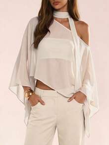 Avenya Women's Spring/Summer Sexy Vacation Chiffon Asymmetrical Shoulder Scarf Design Flowy Blouse - Apricot - View 2