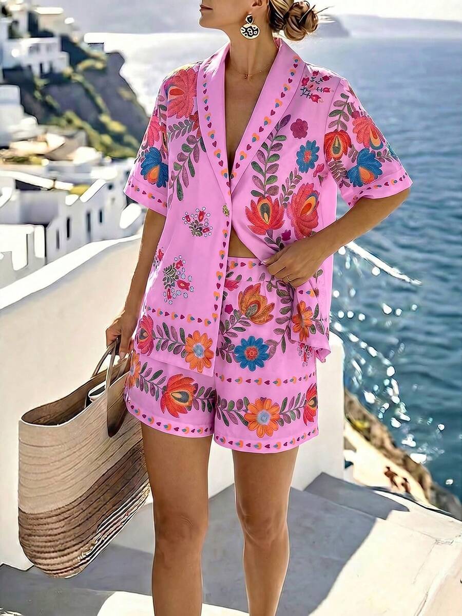 Louniche Pink Floral Summer Boho Beach Vacation Holiday White Two Pieces Set,Colorful Floral Prints Short-Sleeve Blazer & Shorts,Gold Button Accents,Holiday - Multicolor - View 1