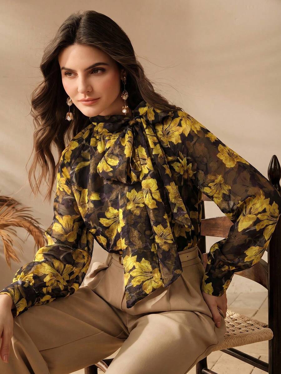 Anewsta Women's Autumn Mandarin Collar Vintage Textured Chiffon Fabric Floral Print Elegant Long Sleeve Blouse Brunch Black - Black - View 1