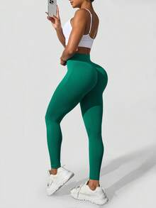 EMERY ROSE Quần legging thể thao cạp rộng trơn dành cho nữ tập yoga - Màu xanh lá cây đậm - Xem 7
