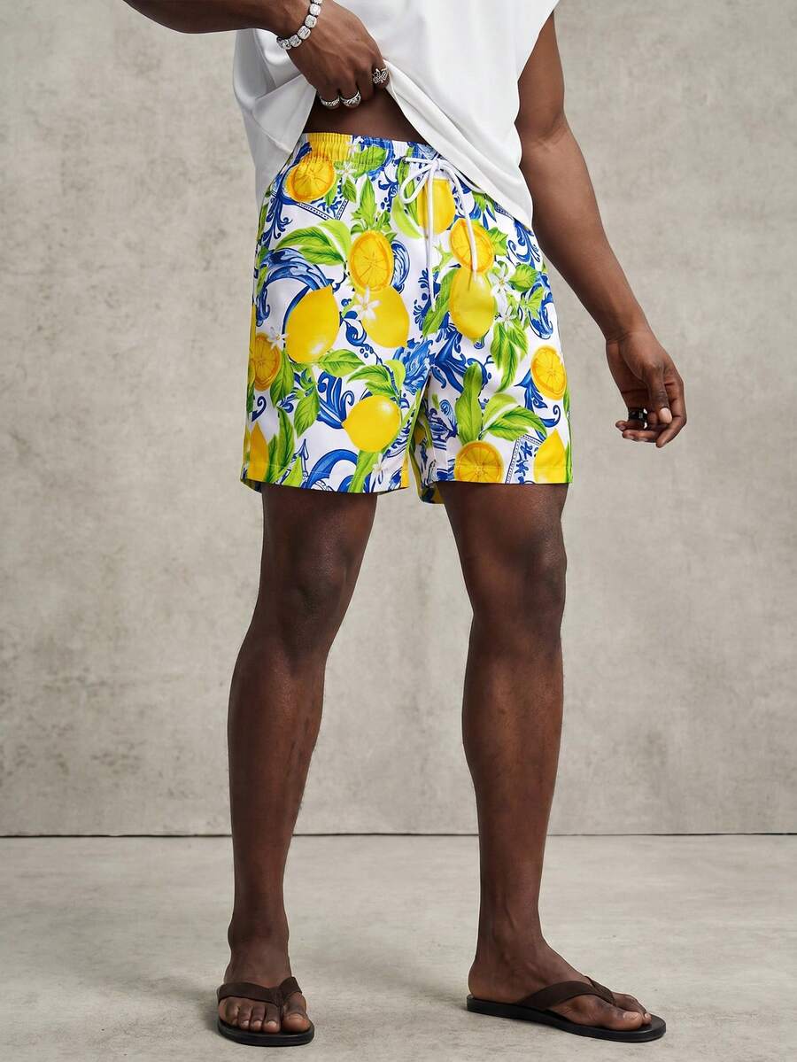 PAVTROS Men's Lemon Print Drawstring Beach Shorts Matching Couple Swimsuits Couple Bathing Suit Set, Suitable For Summer, Casual Holiday,Hawaiian Men And Women Matching Swimwear Matching Bathing Suits For Men And Women Vacation Outfits For Couples Beach Outfit For Men And Women Couple Matching Bikini Set Couple Women's Summer Outfits - Multicolor - View 1