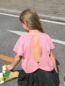 SHEIN Tween女孩2件套，休閒粉色與白色夏季度假時尚交叉露背對比飾邊圓領寬鬆T恤，母女套裝 - 粉色 - 查看 3