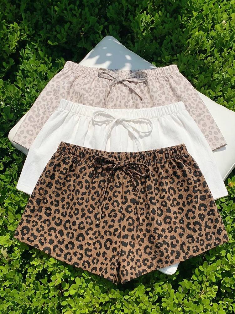 SHEIN Comfortcana Bộ 3 quần short họa tiết da báo cổ điển thoải mái, thích hợp cho các chuyến đi chơi mùa hè, phong cách đường phố, ở nhà, thanh lịch, phong cách Hàn Quốc, kỳ nghỉ biển, trở lại trường học, kỳ nghỉ lễ, trang phục gia đình. - Nhiều màu - Xem 5