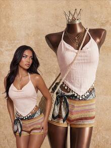 Elin Vora Nouveau Top de femme pour l'été/printemps, vacances, plage, festival de musique Y2K, fête sexy, concert, fête entre amies. Design rétro élégant avec col roulé, sequins, franges, coupe slim, col ras-du-cou. Style bohème, asymétrique, texture abricot. Accessoires de vacances bord de mer, coquillages, étoiles de mer - Nude - Voir 1