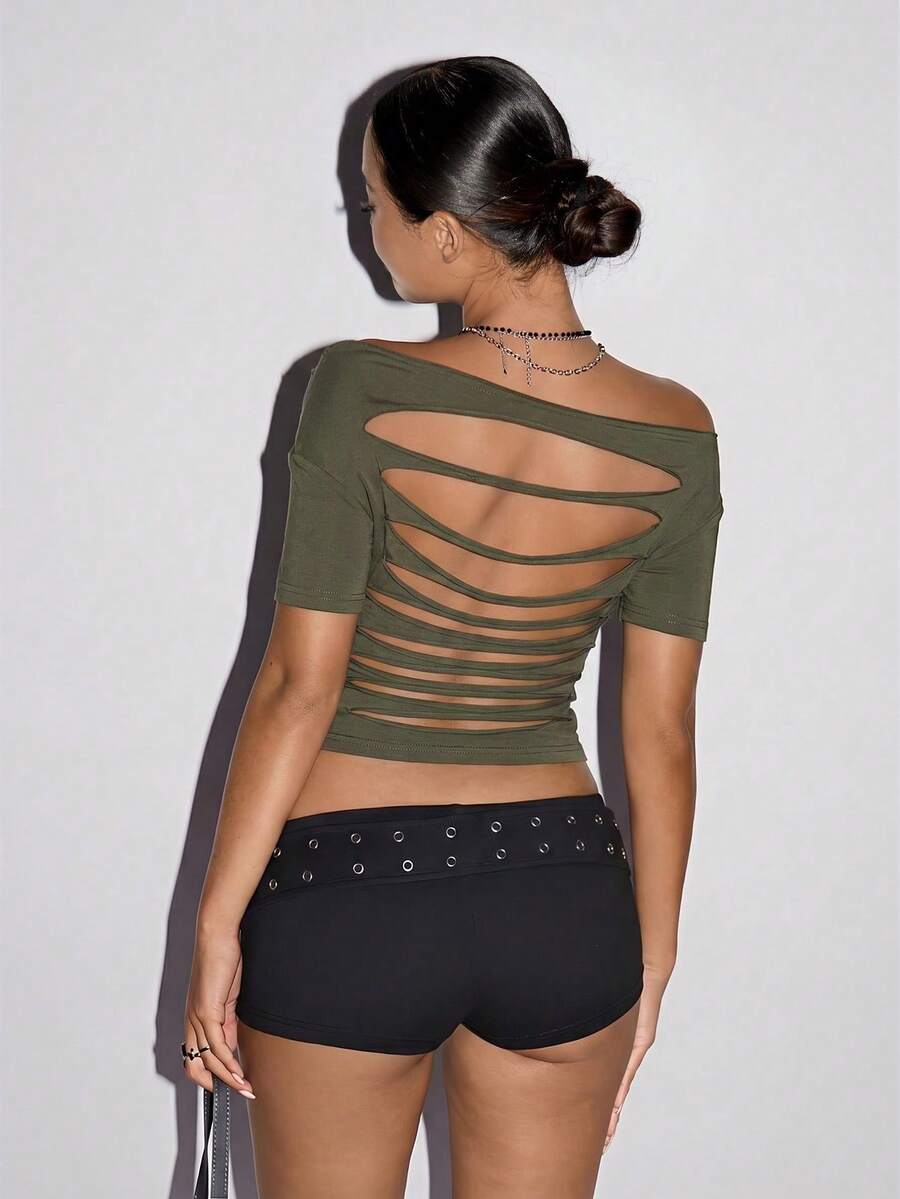 SHEIN ICON 女士纯色露背短袖露脐T恤 - 軍綠色 - 查看 1