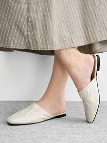 CUCCOO BIZCHIC Minimalist Pleated Soft Leather Women's Summer, Versatile Square Toe Flat-Soled Mule Shoes - Beige - View 5