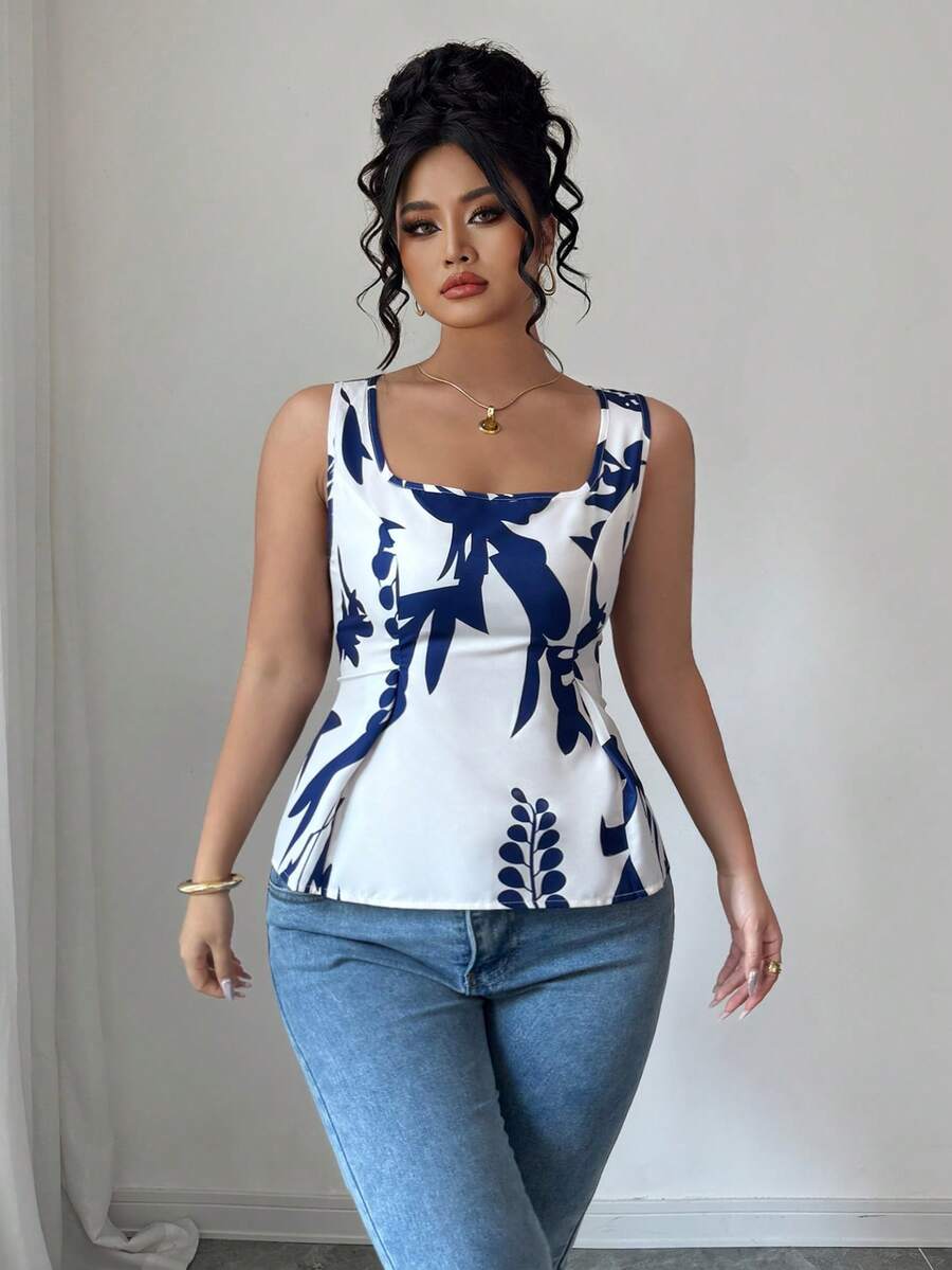 Elenzga Square Neck Sleeveless Tie Back Design Blue & White Plus Size Blouse, Suitable For Spring, Summer, Autumn - Blue and White - View 1