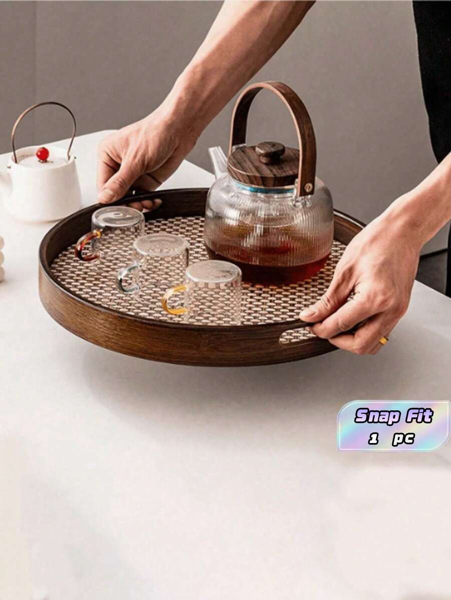 Practical And Exquisite Bamboo And Wood Storage Tray - Round Tea, Pastry, Fruit, Coffee, Stationery Storage Exquisite And Practical Gift - Brown - View 1