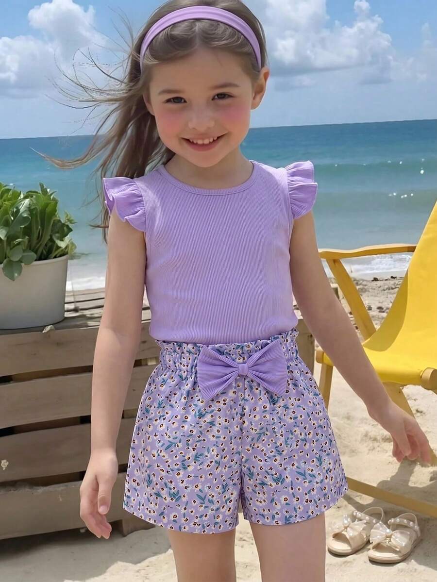 SHEIN Elladie kids 少女2件組,粉色針織圓領荷葉袖上衣與碎花蝴蝶結裝飾短褲,適合4-7歲,夏季、海灘、度假、春季穿搭 - 紫色 - 查看 1