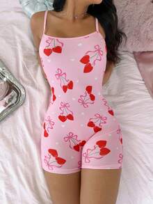 SweetSlumber Cute Y2K Cute Graphic Style Cherry Print Playful Adorable Short Women Pajama Jumpsuit Sleep Pink Summer - Pink - View 6