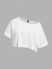 SHEIN Comfortcana Plus Size Simple Solid Color Asymmetric-Shoulder Short Sleeve T-Shirt, Versatile For Summer - White - View 2