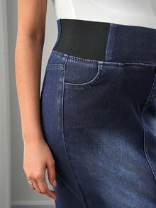 SHEIN Maternity Navy Blue Summer Casual Everyday Women's Four-Way Stretch Denim Skirt,Long Pencil Midi Jean Skirts For Pregnant Women With Pockets - Dark Wash - View 8