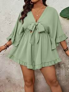 SHEIN VCAY Mono de talla grande con mangas de murciélago, dobladillo con volantes y cintura con lazo, unicolor para vacaciones - Verde Oliva - Ver 3