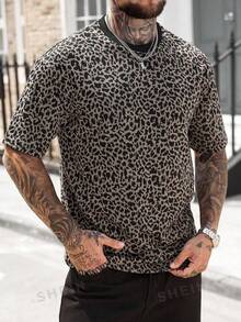 Manfinity CasualCool Camiseta de manga corta con estampado de leopardo y bloques de color para hombre, adecuada para uso casual, al aire libre y de fiesta - Marrón - Ver 6