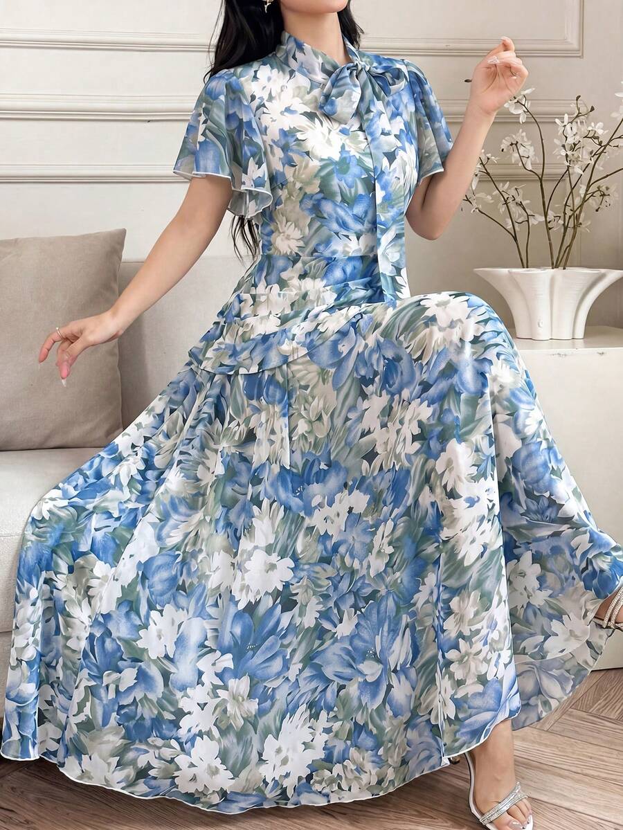 Modelyn 女士荷叶边领带腰部喇叭裙摆泡泡袖连衣裙 - 藍色 - 查看 1