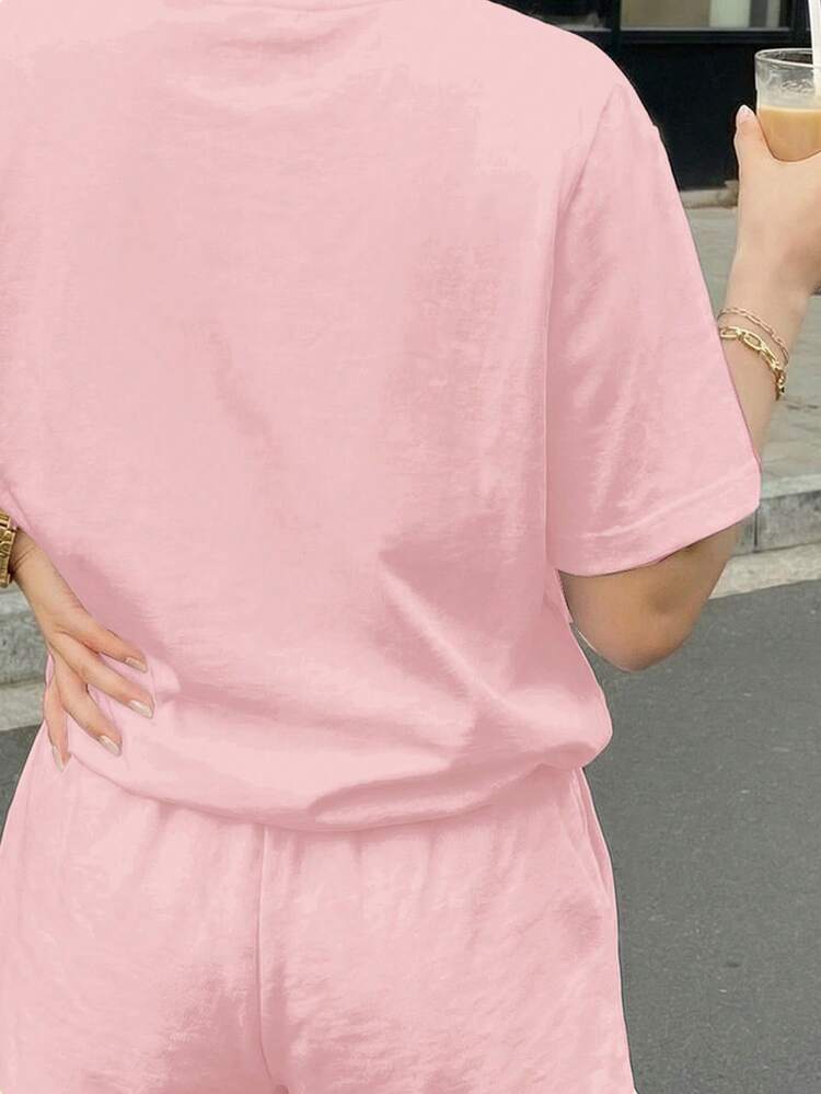 两件套少女休闲简约短袖短裤套装，适合夏季、返校季、2000年代风格、韩版风格、秋季服装 - 彩色 - 查看 5