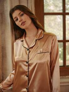 Bisouelle Bộ đồ ngủ satin viền tương phản, trang phục thu đông ấm áp và thanh lịch - Rượu sâm banh - Xem 7
