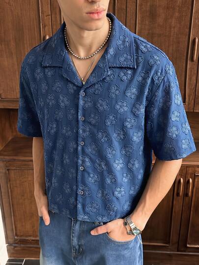 SWAVVY Men's Single-Breasted Denim Effect Cutout Short Sleeve Shirt