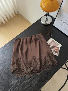 SHEIN Frenchy Chân váy xếp ly ren phối màu tương phản thanh lịch dành cho nữ, mùa hè. - màu nâu - Xem 2