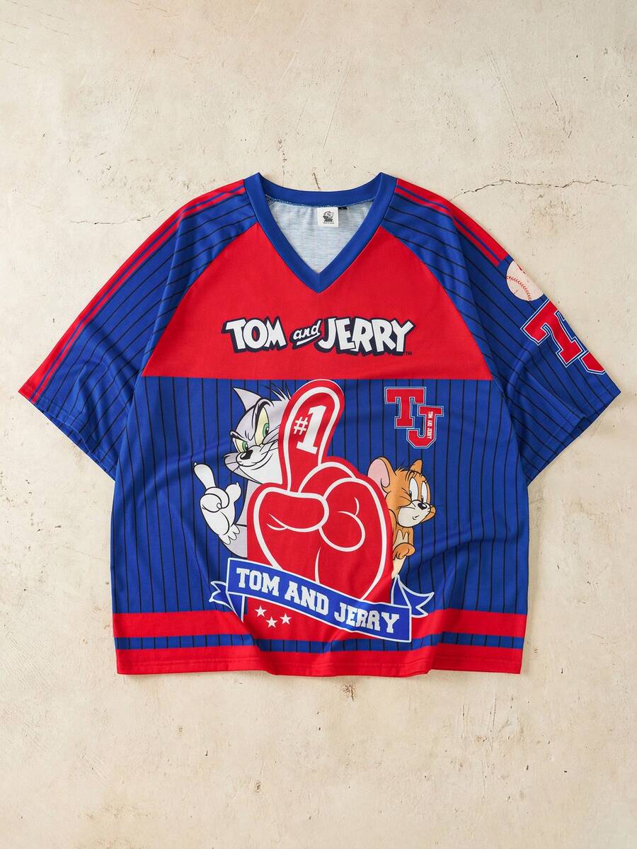 TOM & JERRY X SHEIN Men's Casual Colorblock Striped Cartoon Print T-Shirt, Summer - Blue - View 1