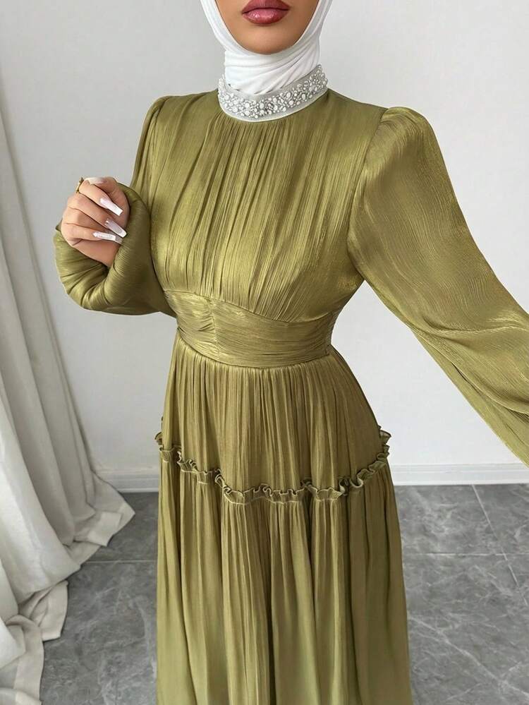 Women's Elegant Beaded Ruched Frill Hem Mid-Length Dress, Suitable For Spring And Summer