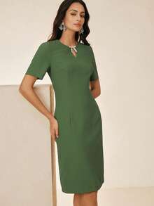 Anewsta New Summer Round Neck V-Neck Bow Design Cinched Waist Elegant Green Sequin Short Sleeve Midi Dress, Suitable For Outfit, Party Dinner Date Festival - Green - View 6