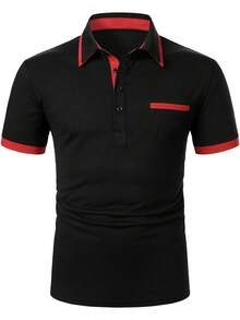 Manfinity Mode Camisa polo con ribete de contraste para hombres, camisa polo negra y roja, camisa polo de golf para hombres, camisa polo de manga corta, formal - Negro - Ver 4