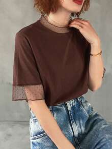 FRIFUL Women's Casual Loose Sheer Mesh Solid Color T-Shirt, Versatile For Spring And Summer - Brown - View 6