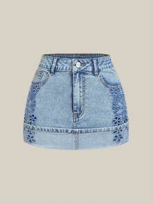 Selenza Chân váy denim ngắn nữ đa năng, thoải mái, thích hợp cho hẹn hò và đi chơi, có túi. - Màu xanh lam - Xem 1