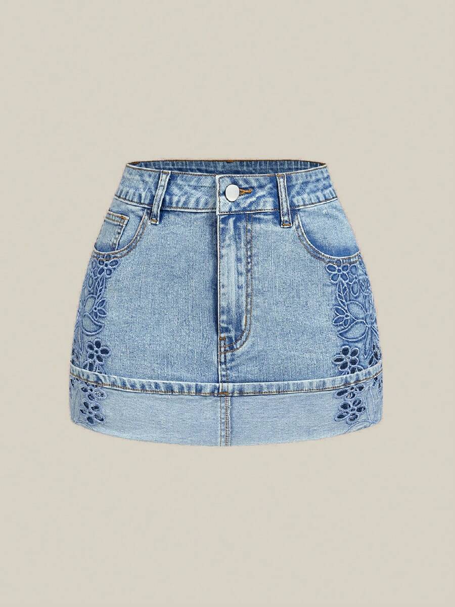 Selenza Chân váy denim ngắn nữ đa năng, thoải mái, thích hợp cho hẹn hò và đi chơi, có túi. - Màu xanh lam - Xem 1