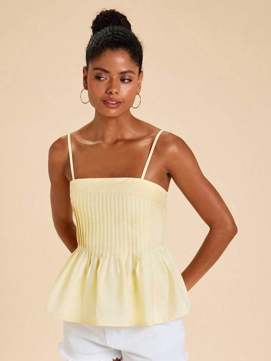 Travachic Women's Solid Color Pleated Design Casual Cute Elegant Camisole,Summer Top Brunch Vacation Pale Yellow - Yellow - View 1