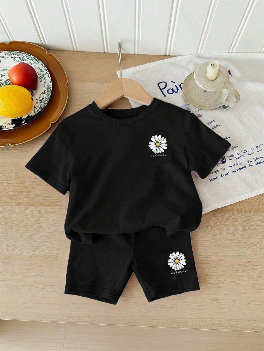 SHEIN Bộ quần short tay ngắn đơn giản thường ngày cho bé gái, phù hợp cho mùa hè - màu đen - Xem 1