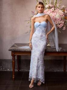 MOTF Soiréza WOMEN'S STRAPLESS BLUE BEADED DRESS, MERMAID STYLE, FOR PARTY AND FORMAL OCCASIONS, SPRING/SUMMER - Blue - View 5