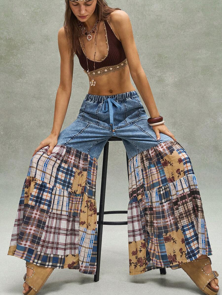 SHEIN BohoFeels 休闲度假风牛仔拼接格子宽松阔腿女裤 - 藍色 - 查看 1
