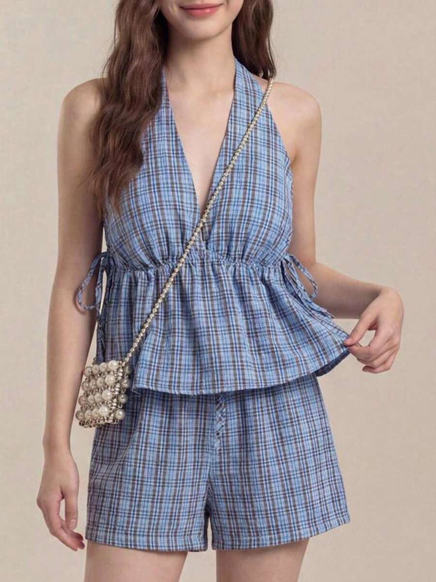 Muvela Ensemble 2 pièces femme top froncé à carreaux et short à cordon de serrage à la taille. Tenue décontracté pour tous les jours, style rétro college. Convient à diverses occasions : vintage, élégant, bureau, décontracté, romantique, esthétique années 90, fête, invité de mariage, basique, minimaliste. - Multicolore - Voir 1