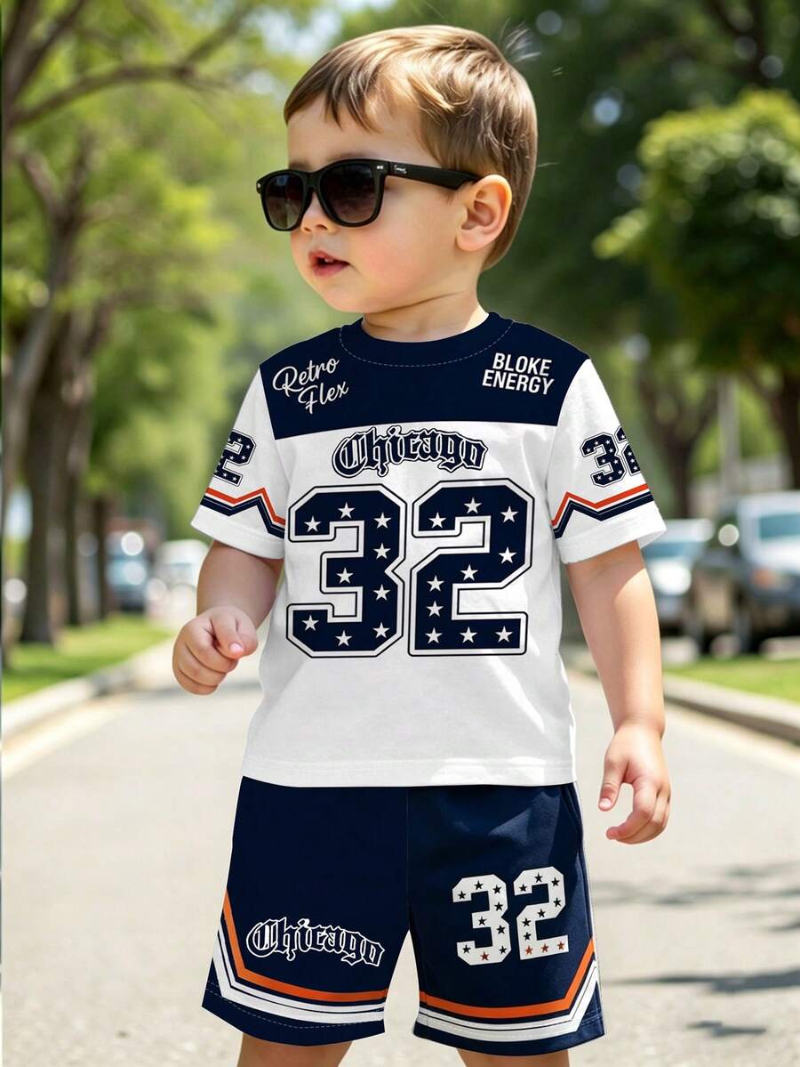 Bộ đồ thể thao mùa hè cho bé trai gồm 1 áo thun cổ tròn tay ngắn kiểu retro và 2 quần short thể thao phối màu tương phản, in hình Chicago 32, thích hợp cho hoạt động ngoài trời chơi bóng rổ. - Nhiều màu - Xem 1