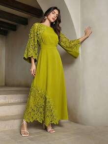 Anewsta Nouvelle robe élégante à manches chauve-souris en patchwork de dentelle pour femmes, collection printemps/été - Vert olive - Voir 6