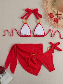 SHEIN Swim Chicsea 女士三件套泳衣，纹理面料，红色花卉图案，金属点缀，休闲沙滩泳池派对度假装，春夏款 - 紅色 - 查看 4