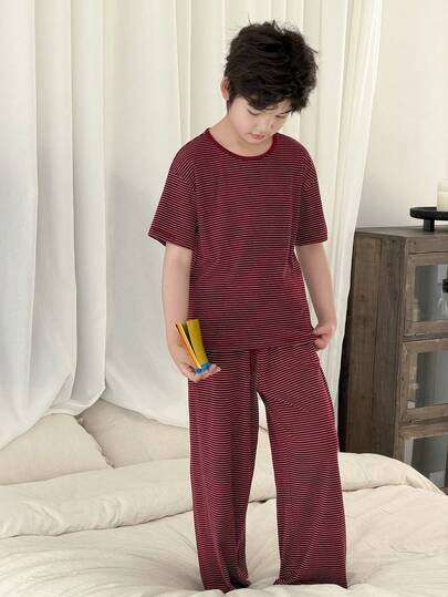 DAZY Crew Neck Loose T-Shirt + Straight Striped Casual Pants Boys (Plus Size) Pajamas