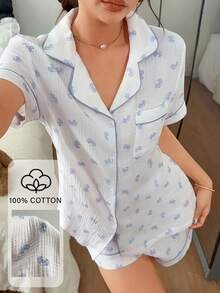 Napfluff 100%纯棉女士睡衣套装，短袖短裤，双层绉纱面料，宽松家居服两件套 - 藍白色 - 查看 4