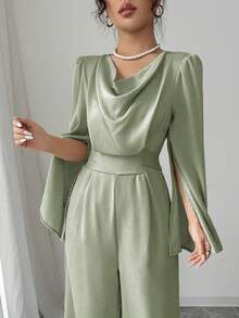 Elenzga Women's Elegant Draped Neck Waist Cinched Satin Jumpsuit - Green - View 5