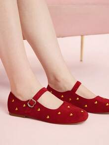 CUCCOO DOLLMOD Women's Shoes, Red Suede Square Toe Flats, Love-Embroidered Retro Mary Jane Shoes - Red - View 5
