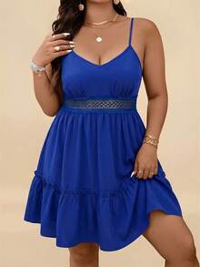 Travachic Plus Size Women Summer Solid Color Backless Spaghetti Strap Short Dress - Blue - View 3