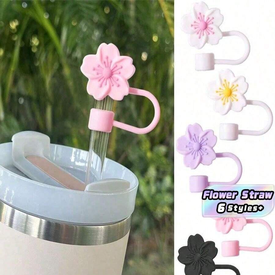 2/6/10pcs Compatible With Stanley Cup Accessories , Creative Sakura Flower Silicone Reusable Straw Caps, Anti-Splashing Anti-Dust Straw Covers, Portable Easy To Clean Insulation Cup Straw Cup Accessories, 10mm Extra Large Diameter Floral Straw Lids, Cute Cartoon Floral Straw Dust Cover - Multicolor - View 1