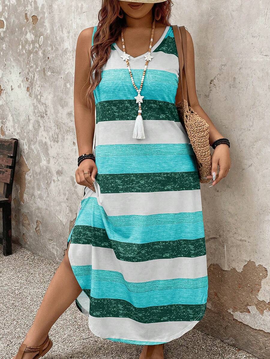 SHEIN PETITE Plus Size Women's Casual Striped Dress, Spring/Summer - Multicolor - View 1
